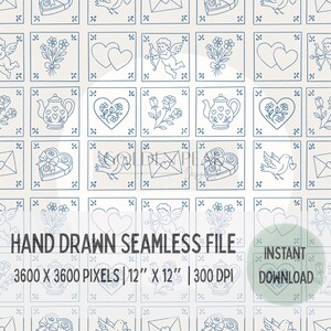 May include: A seamless pattern featuring hand-drawn illustrations of hearts, flowers, cupids, teapots, doves, and gift boxes. The design is in a soft blue on a cream background. The image includes the text "HAND DRAWN SEAMLESS FILE" and "12" X 12""
