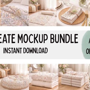 May include: A Procreate Mockup Bundle with the text "Instant Download" and "Add Your Own Design". The image shows various mockups of bedding, rugs, and other home decor items with floral patterns. The mockups are arranged in a collage.