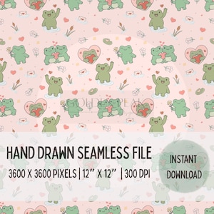 Könnte beinhalten: Nahtloses Muster mit Cartoon-Fröschen, Herzen, Blumen und Umschlägen auf rosa Hintergrund. Der Text "HAND DRAWN SEAMLESS FILE" und "INSTANT DOWNLOAD" sind ebenfalls vorhanden. Das Muster ist 30,48 cm x 30,48 cm und 300 DPI.
