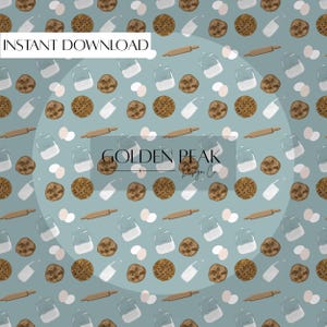 May include: A repeating pattern on a teal background featuring illustrations of cookies, rolling pins, eggs, milk jugs, and flour. The words "INSTANT DOWNLOAD" are at the top left. The words "GOLDEN PEAK Design Co" are at the bottom right.