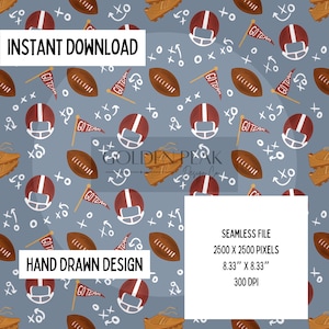 May include: Seamless pattern featuring football helmets, footballs, cleats, and flags with the text "GO TEAM" on a blue background. The design also includes play diagrams and the text "INSTANT DOWNLOAD" and "HAND DRAWN DESIGN".