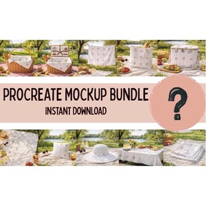 May include: A picnic-themed Procreate mockup bundle featuring various items like baskets, a cooler, a tote bag, a blanket, a pillow, and a sun hat. The items are arranged on a picnic setting with food and drinks. The text "PROCREATE MOCKUP BUNDLE INSTANT DOWNLOAD" is displayed.