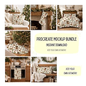 May include: A Procreate mockup bundle featuring a repeating pattern of cowboy boots, Christmas trees, and ornaments on various home decor items including a pillow, stocking, bedding, tree skirt, kitchen towel, and lumbar pillow with text.