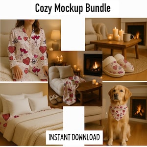 Op de afbeelding: Een gezellige mockup-bundel met items met Valentijnsdagthema. Inclusief pyjama's, beddengoed, pantoffels, een deken en een hondenbandana, allemaal met hartjesontwerpen. De tekst "Cozy Mockup Bundle" en "Instant Download" zijn zichtbaar.