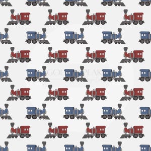 May include: A repeating pattern of cartoon train illustrations in red and blue. The trains are depicted with a classic steam engine design, featuring a smokestack, cabin, and wheels. The background is a plain, light grey colour.