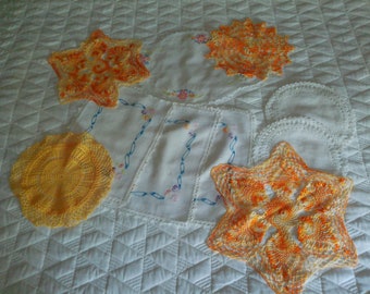 vintage doilies and dresser scarves, lot of 10, beautiful pastels in yellow and blue