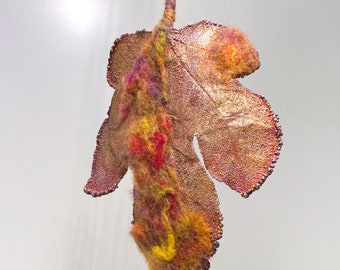 Copper AROMA-leaf. Electroforming natural fig leaf with felt berry /natural merino wool/ for aromatherapy.