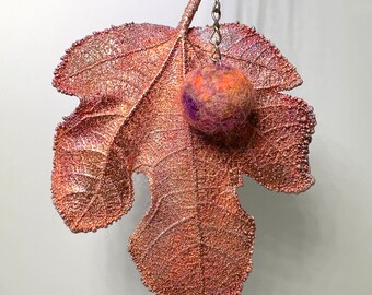 Copper AROMA-leaf. Electroforming natural fig leaf with felt berry /natural merino wool/ for aromatherapy.