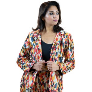 Artistic Engineer Geometric PRINT Block BLAZER for WOMEN - Fall Colors with Diamond & Triangle patterns