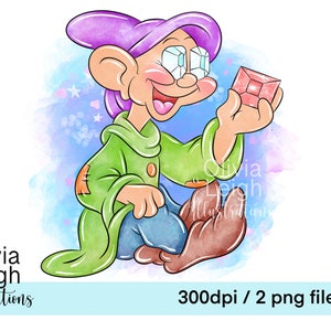 May include: A cartoon illustration of a dwarf with purple hair and a green tunic holding a pink gem. The dwarf has a big smile and large, sparkling eyes. The background is a watercolor wash of blue and pink.