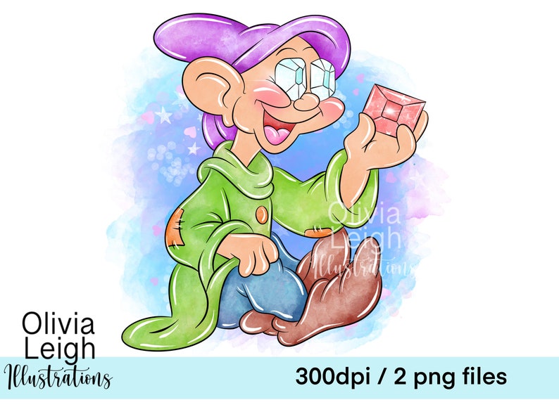 May include: A cartoon illustration of a dwarf with purple hair and a green tunic holding a pink gem. The dwarf has a big smile and large, sparkling eyes. The background is a watercolor wash of blue and pink.