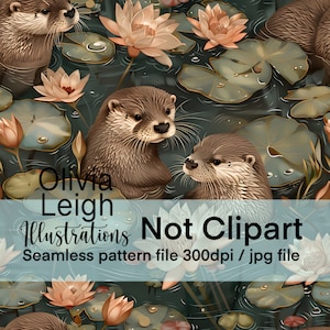 Peut inclure: Un motif sans couture représentant deux loutres nageant dans un étang avec des nénuphars et des fleurs. Le motif est dans des tons de brun, vert et blanc. Le texte "Olivia Leigh Illustrations Not Clipart Seamless pattern file 300dpi / jpg file" est en bas de l'image.