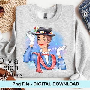 Puede incluir: Una sudadera gris con una ilustración colorida de una mujer que lleva un vestido azul, una bufanda roja y un sombrero negro con flores. La mujer está guiñando un ojo y sosteniendo su sombrero con una mano. El fondo es una acuarela azul y blanca.