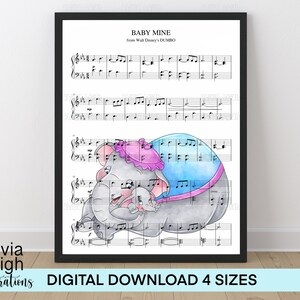 May include: A watercolor illustration of a mother elephant and her baby elephant, with musical notes in the background. The text "BABY MINE from Walt Disney's DUMBO" is at the top of the image.