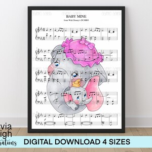 May include: A printable sheet music digital download featuring a watercolor illustration of Dumbo and his mother from Disney's Dumbo. The sheet music is for the song "Baby Mine".