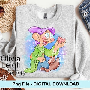 May include: A gray sweatshirt with a cartoon image of a dwarf with a purple hat holding a pink gem. The dwarf has a blue nose and large blue eyes. The background is a watercolor wash of blue, pink, and white.