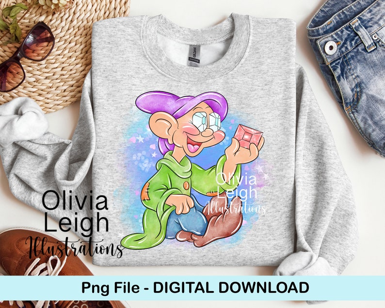 May include: A gray sweatshirt with a cartoon image of a dwarf with a purple hat holding a pink gem. The dwarf has a blue nose and large blue eyes. The background is a watercolor wash of blue, pink, and white.