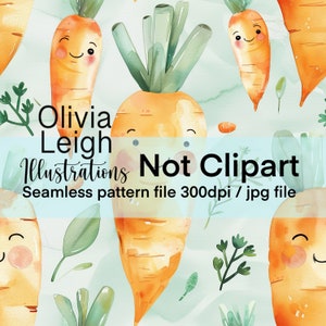Könnte beinhalten: Ein nahtloses Muster mit Aquarell-Illustrationen von niedlichen Cartoon-Karotten mit lächelnden Gesichtern. Der Hintergrund ist hellblau mit grünen Blättern. Der Text "Olivia Leigh Illustrations Not Clipart Seamless pattern file 300dpi / jpg file" wird auf einem blauen Banner angezeigt.