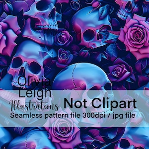 Könnte beinhalten: Ein nahtloses Muster mit Schädeln und Rosen in Blautönen und Lila. Das Muster ist 300 dpi und im jpg-Format. Der Text "Olivia Leigh Illustrations Not Clipart" ist im Bild sichtbar.