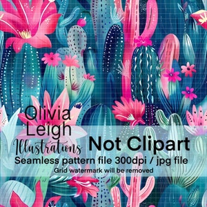 May include: A seamless pattern featuring a vibrant cactus garden with pink flowers and green cacti on a blue background. The text "Olivia Leigh Illustrations Not Clipart" is displayed at the bottom of the image. Seamless pattern file 300dpi / jpg file. Grid watermark will be removed.