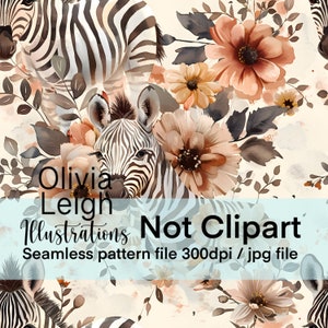 May include: A seamless pattern featuring watercolor illustrations of zebras and flowers in shades of brown, beige, and white. The pattern is perfect for creating digital or printed designs for fabric, wallpaper, or other creative projects.