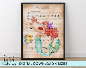 Principessa Ariel La Sirenetta Spartiti stampabili Wall Art, Stampe per bambini, DOWNLOAD DIGITALE, 4 dimensioni
