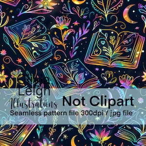May include: A seamless pattern featuring iridescent open books with floral designs and stars on a dark blue background. The text "Olivia Leigh Illustrations Not Clipart Seamless pattern file 300dpi / jpg file" is at the bottom of the image.