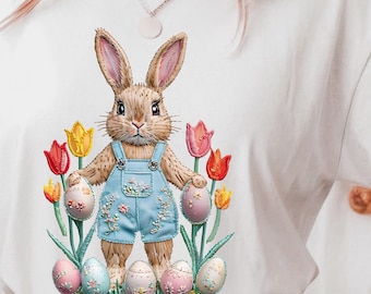 Faux Embroidery Easter Bunny PNG: Patchwork Overalls Design (Digital Download)