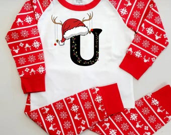 Antler Pajamas Personalized Family Reindeer Pajamas Matching Hat  Custom Initial Holiday Set Family Pajama