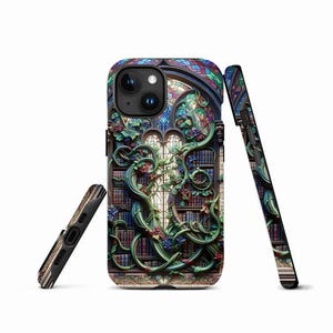 Boekenplank telefoonhoes Dark Academia Booktok glas-in-loodeffect bloemen IPhone-hoesje Book Lover Gift MagSafe Tough Case bibliotheekdecor