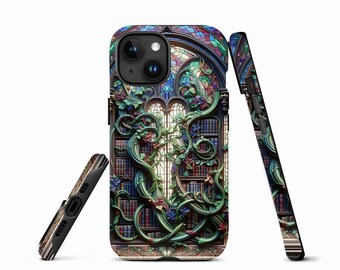 Stained Glass Bookshelf iPhone Case: Dark Academia Floral MagSafe Cover