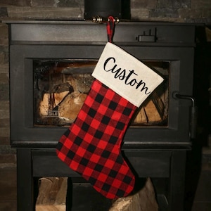 buffalo plaid christmas stocking personalized farmhouse rustic holiday decor red plaid stocking white plaid stocking pet paw stocking