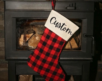buffalo plaid christmas stocking personalized farmhouse rustic holiday decor red plaid stocking white plaid stocking pet paw stocking
