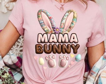 Mama Bunny Easter PNG: Faux Embroidery Patchwork Design (Digital Download)