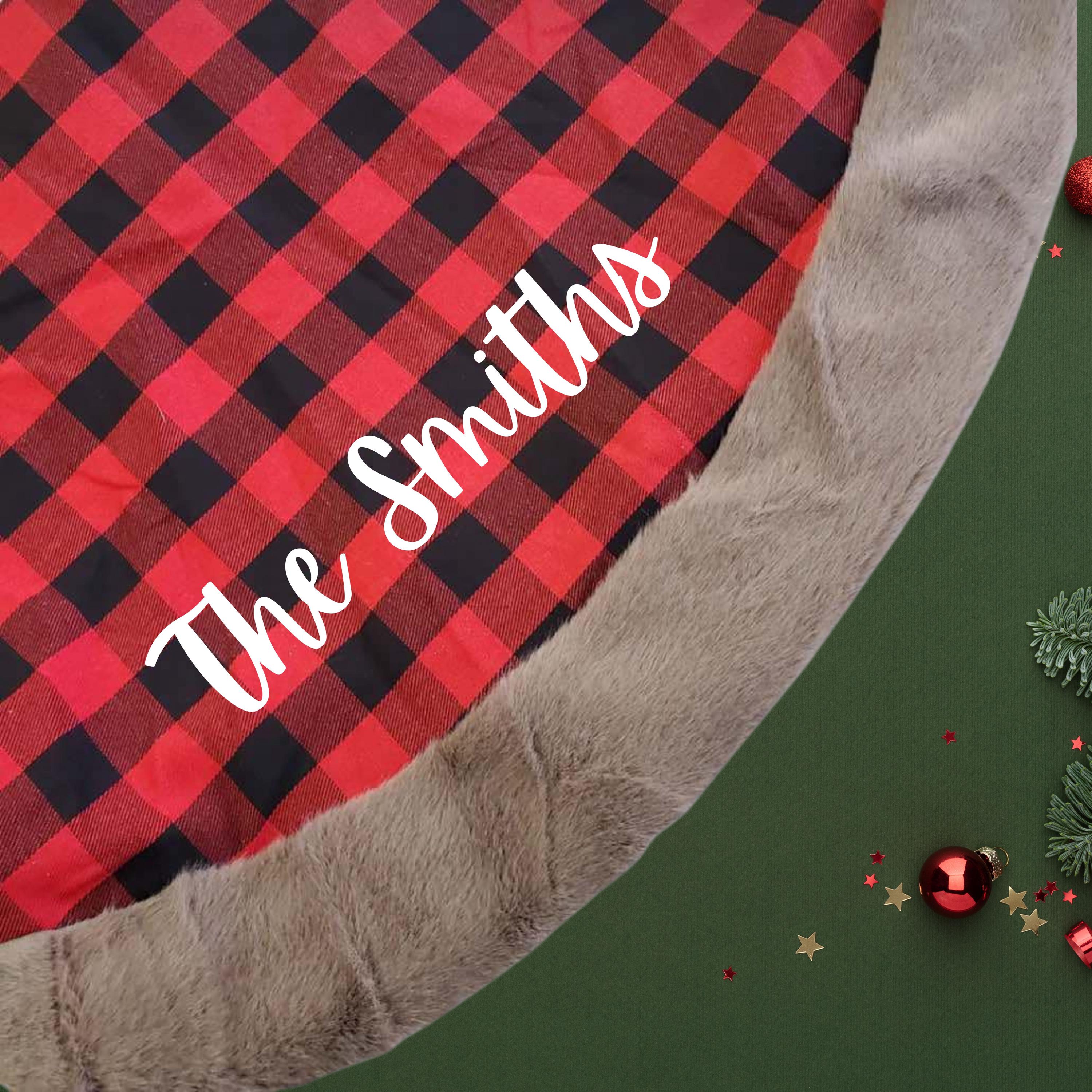 Faux Fur Christmas Tree Skirt Rustic Plaid with Soft Fur Trim Farmhouse Holiday Decor Personalized Skirt Custom