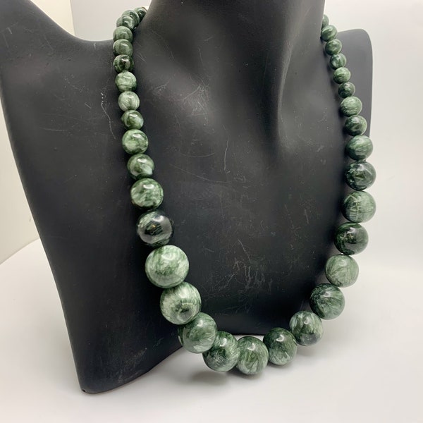 Graduated Beaded Green Seraphinite Necklace with Sterling Silver Clasp