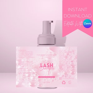 May include: A pink and white label with the text "FOAMING LASH Shampoo" on a bottle of foaming lash shampoo. The label also includes instructions for use and a place for a brand logo or name. The bottle is 1.7 oz (50 ml).