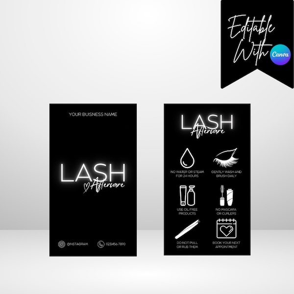 DIY Lash Nazorg Kaarten Sjabloon, Canva Bewerkbare Lash Kaarten, Digitale Lash Nazorg Kaart, Nazorg Lash Kaarten, Wimper Zorgkaart, 2 x 3,5