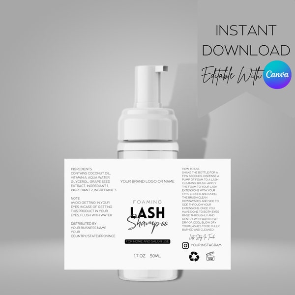 DIY Lash Shampoo Template, Lash Bath Label, Eyelash Cleanser Sticker, Lash Shampoo Label Canva, 4x3.5 Inch