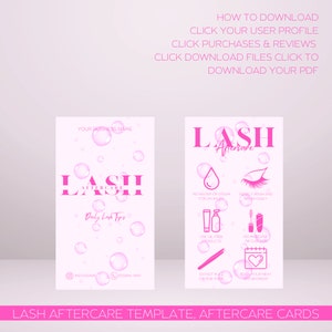 Pu&ograve; includere: Modello di carta di cura post-trattamento delle ciglia rosa e bianca con istruzioni per la cura delle ciglia. La carta presenta un design a bolle rosa e il testo "Lash Aftercare" in lettere rosa.