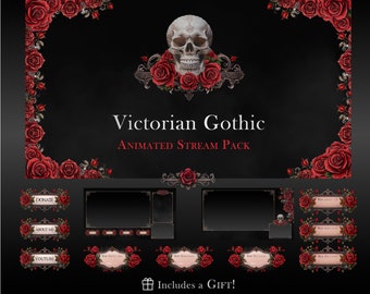 Paquete de transmisión animada gótica de rosas rojas: superposiciones de Twitch en rojo y negro, pantallas de calaveras y diseño victoriano