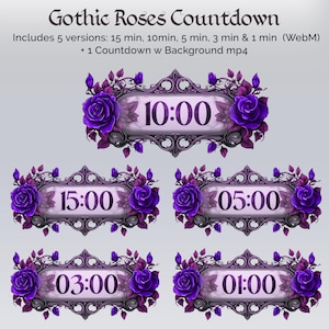 May include: A digital graphic featuring five countdown timers with a gothic rose theme. Each timer displays a different time: 15:00, 10:00, 05:00, 03:00, and 01:00. The design includes purple roses and ornate frames.