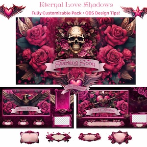 Paquete de transmisión de rosas rosadas / Paquete de superposición gótica para Twitch con escenas animadas, alertas, etiquetas, cámaras faciales y más / Calavera, cuervo, gótico romántico
