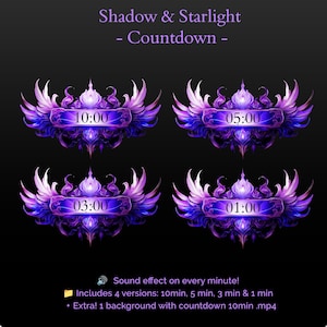 May include: Four purple and white animated countdown timers with wings and a banner. The timers display 10:00, 05:00, 03:00, and 01:00. The text "Shadow & Starlight - Countdown -" is at the top of the image. The text "Sound effect on every minute! Includes 4 versions: 10min. 5 min. 3 min & 1 min + Extra! 1 background with countdown 10min.mp4" is at the bottom of the image.