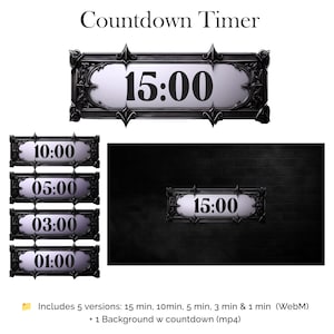 Può includere: Un timer per il conto alla rovescia digitale con una cornice nera ornata e uno sfondo bianco che mostra l'ora 15:00. Timer aggiuntivi mostrano 10:00, 05:00, 03:00 e 01:00. Il testo "Countdown Timer" è in alto.