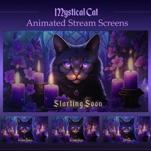 Gothic Mystical Cat Stream Overlay | Animated Stream Scenes Package, Twitch Pack, Overlays Screens for Streamers | Purple Gothic Black cat