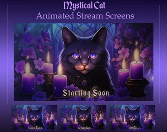 Gothic Mystical Cat Animated Stream Overlay: Purple Twitch Scenes