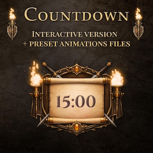 Pode incluir: Gráfico digital com a palavra "Countdown" em letras douradas. Abaixo, lê-se "Interactive Version + Preset Animations Files". Um pergaminho central exibe "15:00" dentro de uma moldura ornamentada, ladeado por tochas e espadas, sobre um fundo escuro e texturizado.