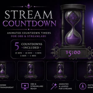 Peut inclure: Graphique numérique avec le texte "STREAM COUNTDOWN" et "ANIMATED COUNTDOWN TIMERS FOR OBS & STREAMLABS". Il présente un sablier violet, une lune brillante et un affichage indiquant "15:00". Comprend 5 comptes à rebours.