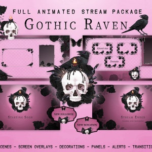 May include: Animated stream package with a gothic raven theme. The package includes scenes, screen overlays, decorations, panels, alerts, and transitions. The design features a black skull with a burning candle, black roses, and ravens.